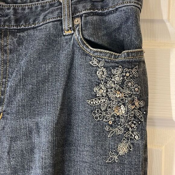 Ann Taylor Y2K Bootcut Jeans 16 Dark Wash Floral Sequin Embroidery Denim - Picture 3 of 8